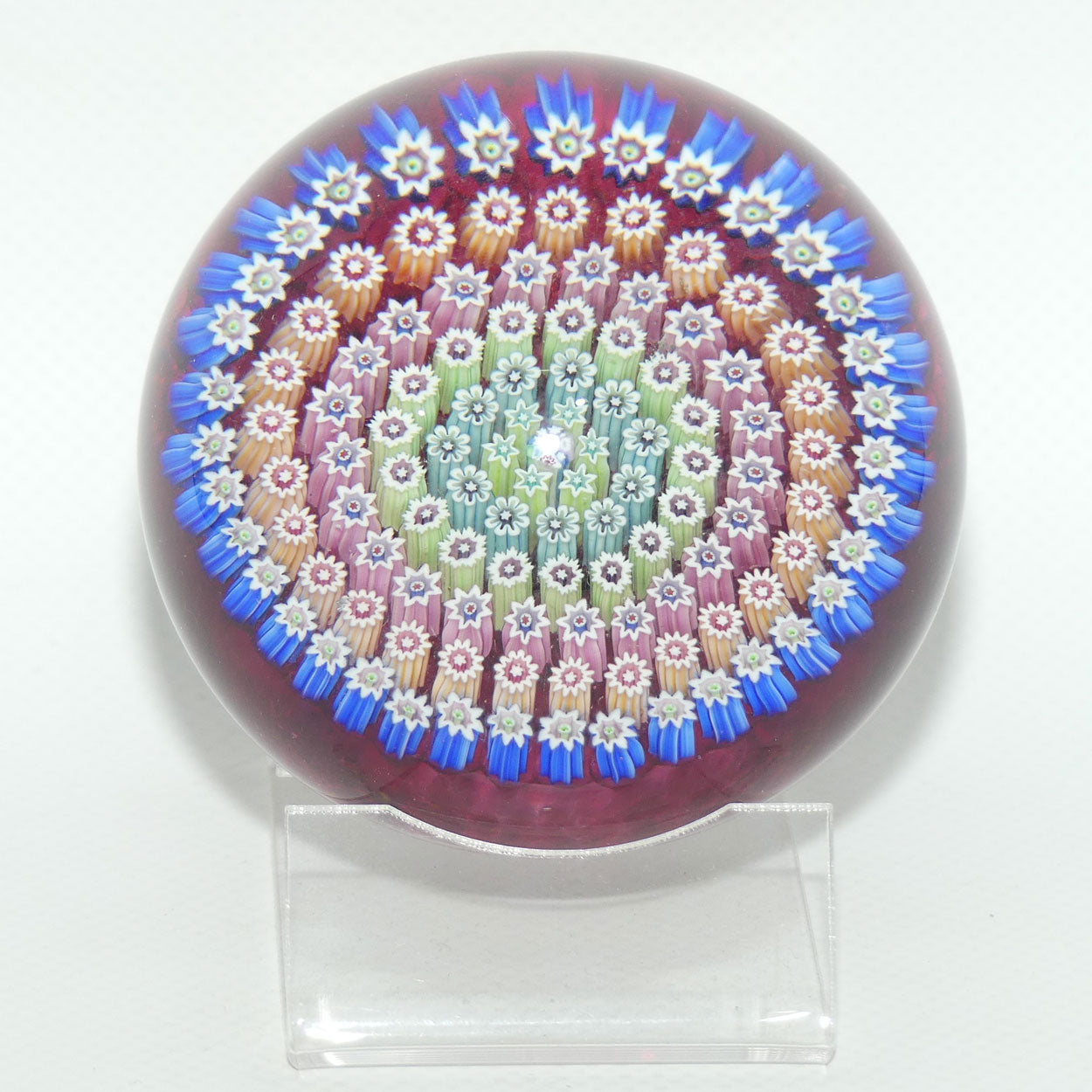 John Deacons Scotland Concentric Millefiori Magnum paperweight | Cranberry | Flat