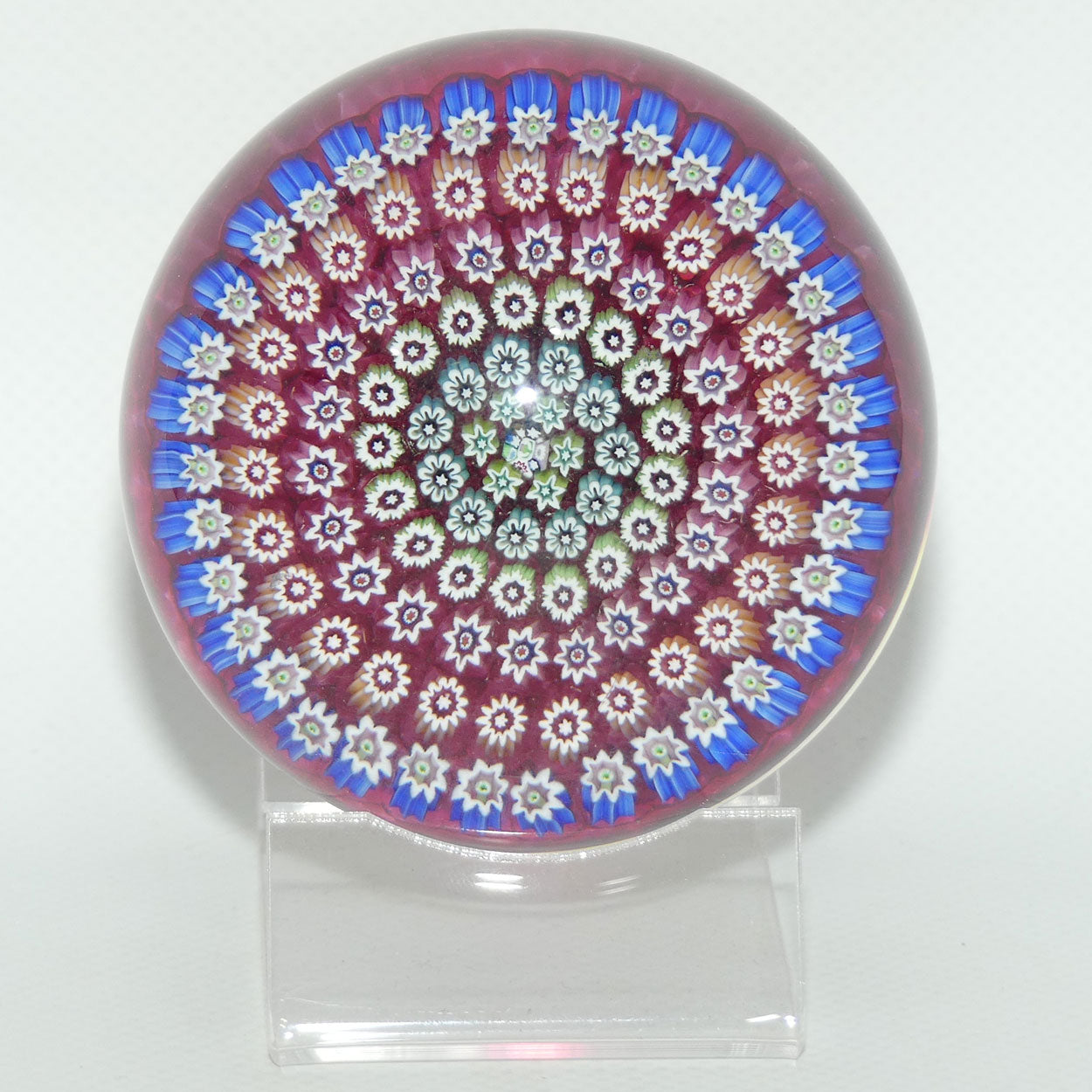 John Deacons Scotland Concentric Millefiori Magnum paperweight | Cranberry | Flat