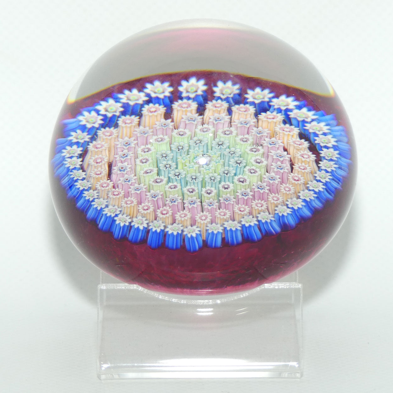 John Deacons Scotland Concentric Millefiori Magnum paperweight | Cranberry | Flat