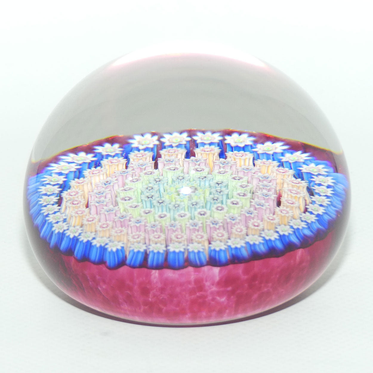 John Deacons Scotland Concentric Millefiori Magnum paperweight | Cranberry | Flat