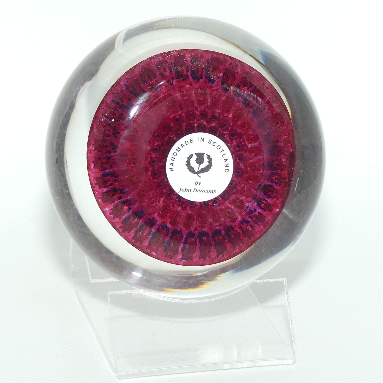 John Deacons Scotland Concentric Millefiori Magnum paperweight | Cranberry | Flat