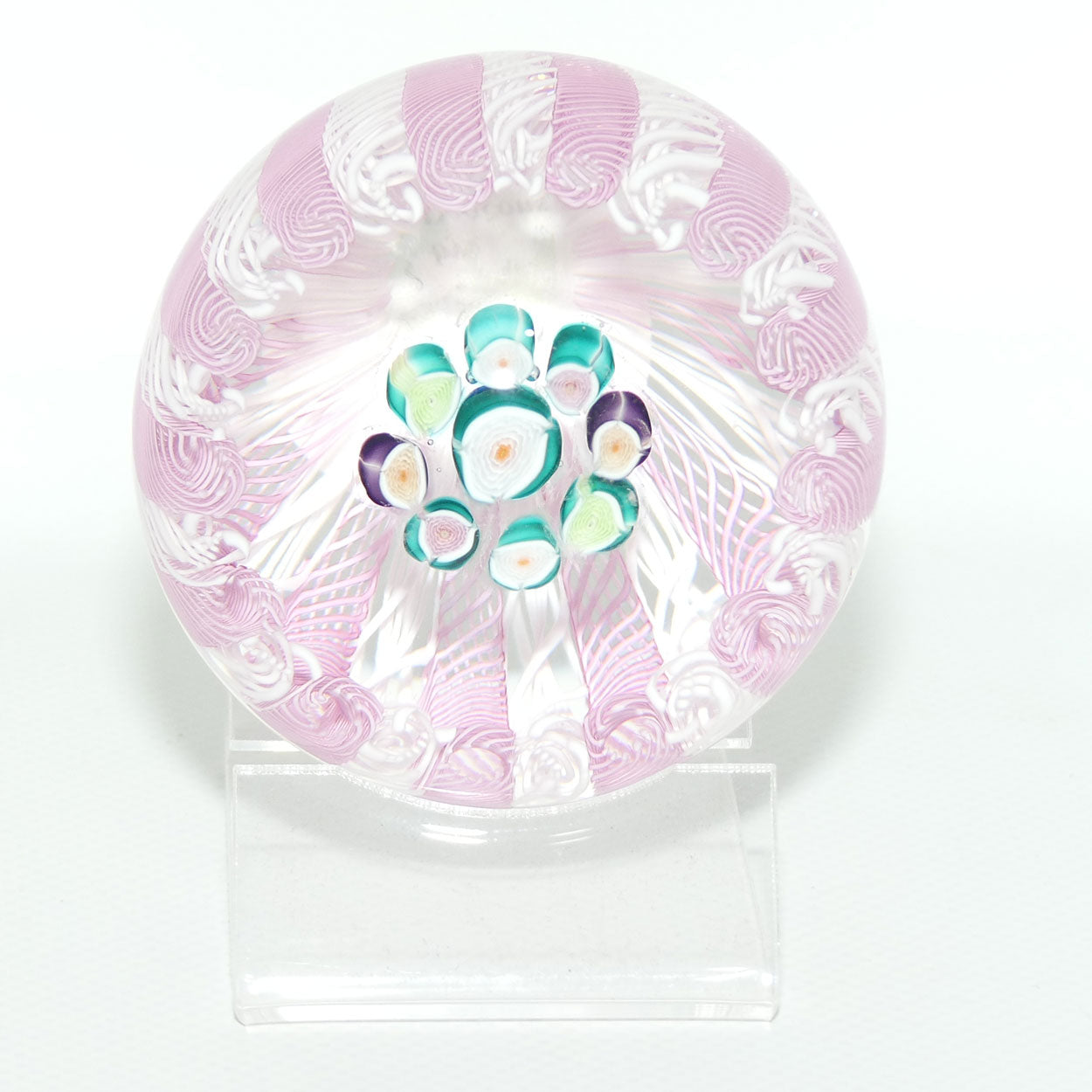 John Deacons Scotland Concentric Roses in Latticino Basket paperweight