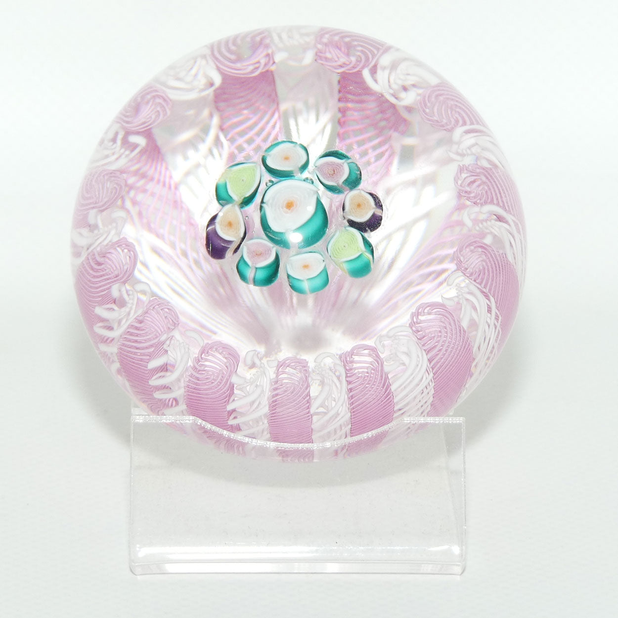 John Deacons Scotland Concentric Roses in Latticino Basket paperweight