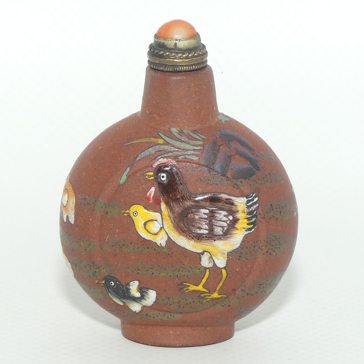 Chinese Terracotta and finely Enamelled Snuff Bottle | Red stone stopper | Chickens