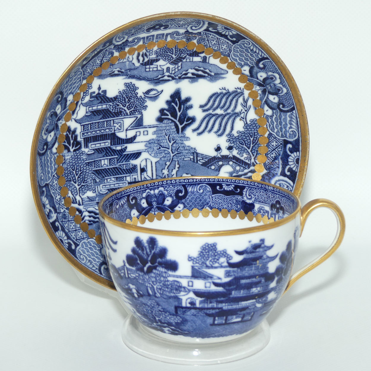 Copelands China England Traditional Willow pattern tea duo | Gilt decorated