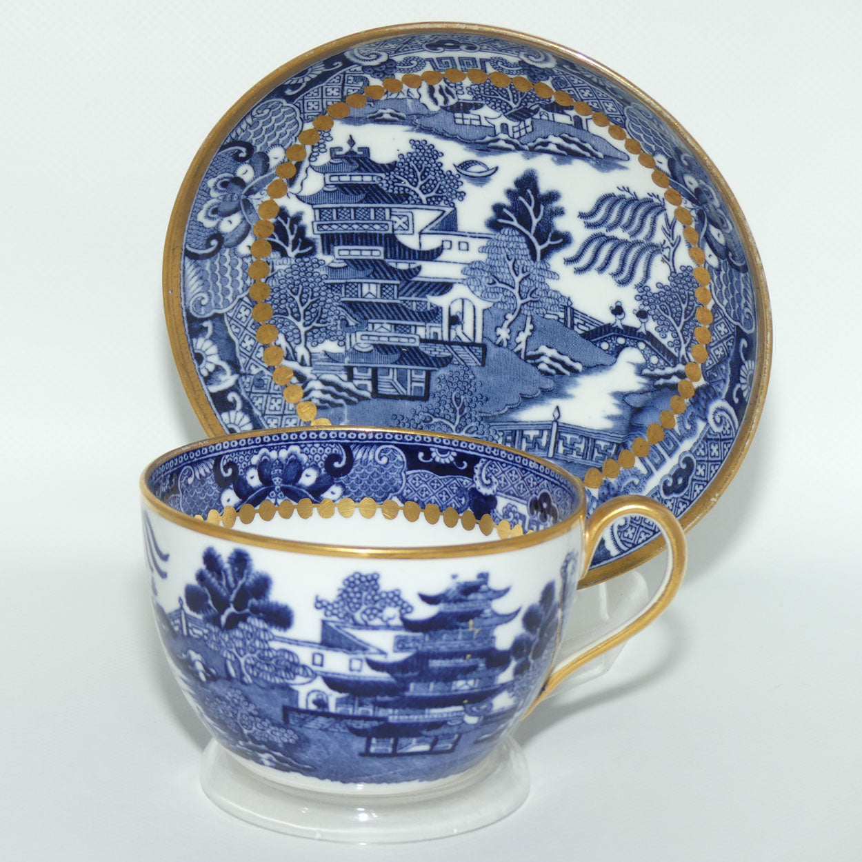 Copelands China England Traditional Willow pattern tea duo | Gilt decorated