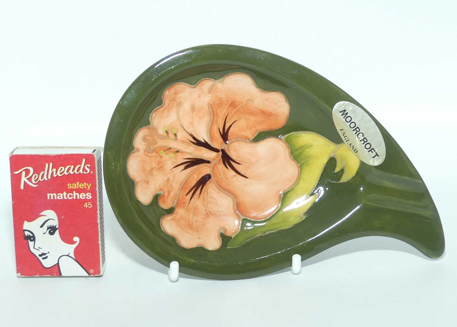 Walter Moorcroft Coral Hibiscus with Green ground curved shape ashtray