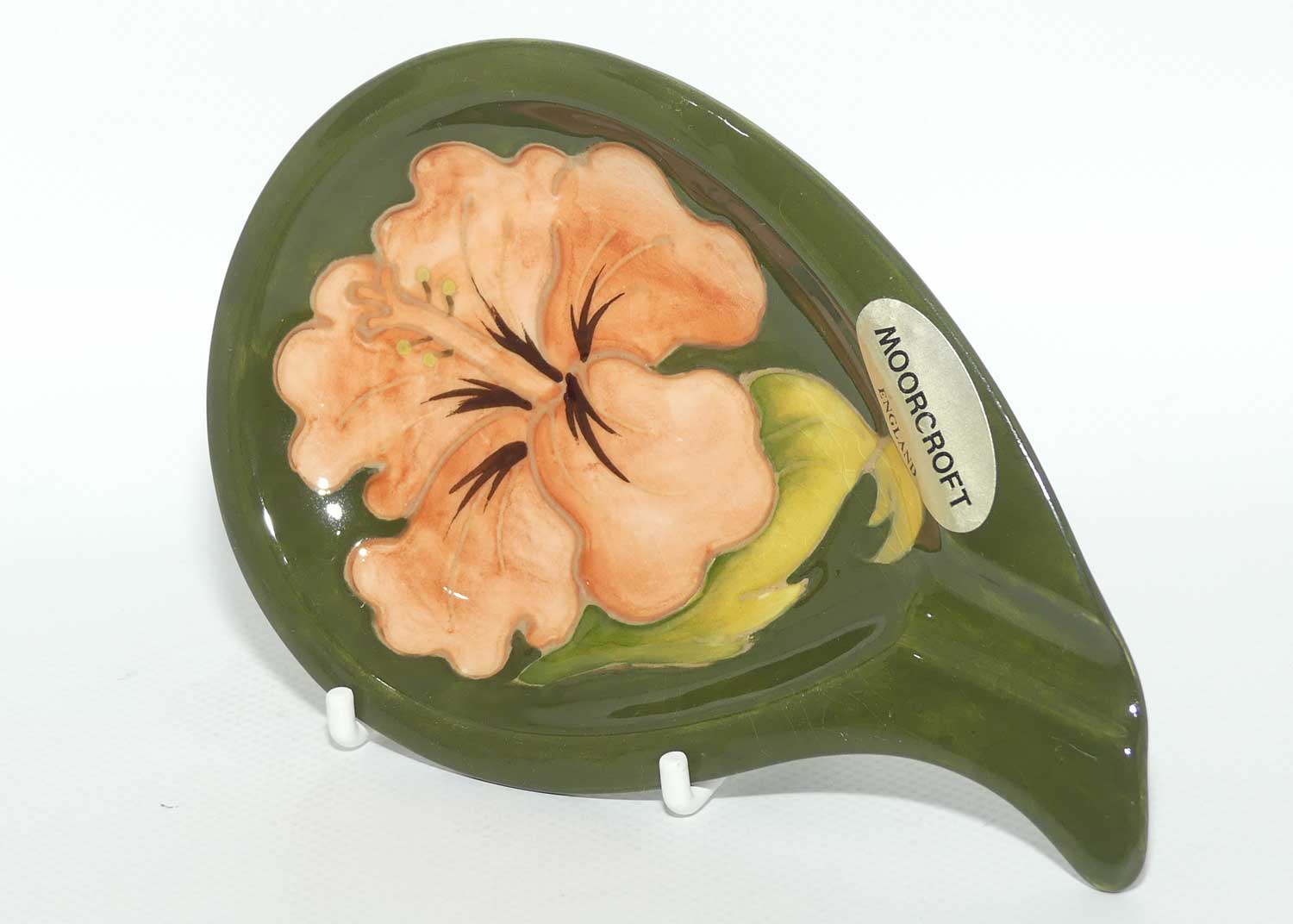 Walter Moorcroft Coral Hibiscus with Green ground curved shape ashtray