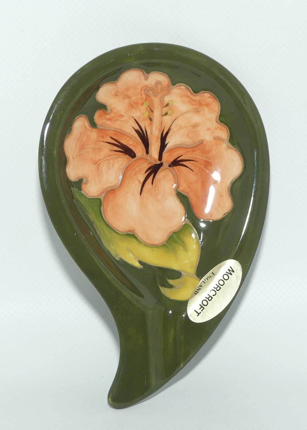 Walter Moorcroft Coral Hibiscus with Green ground curved shape ashtray