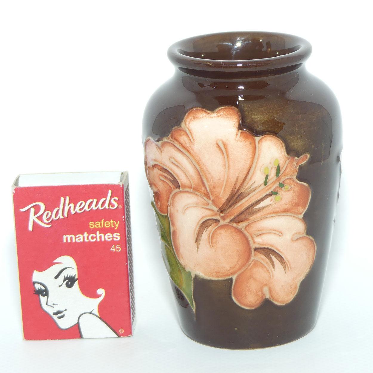 Walter Moorcroft Coral Hibiscus on Brown small vase