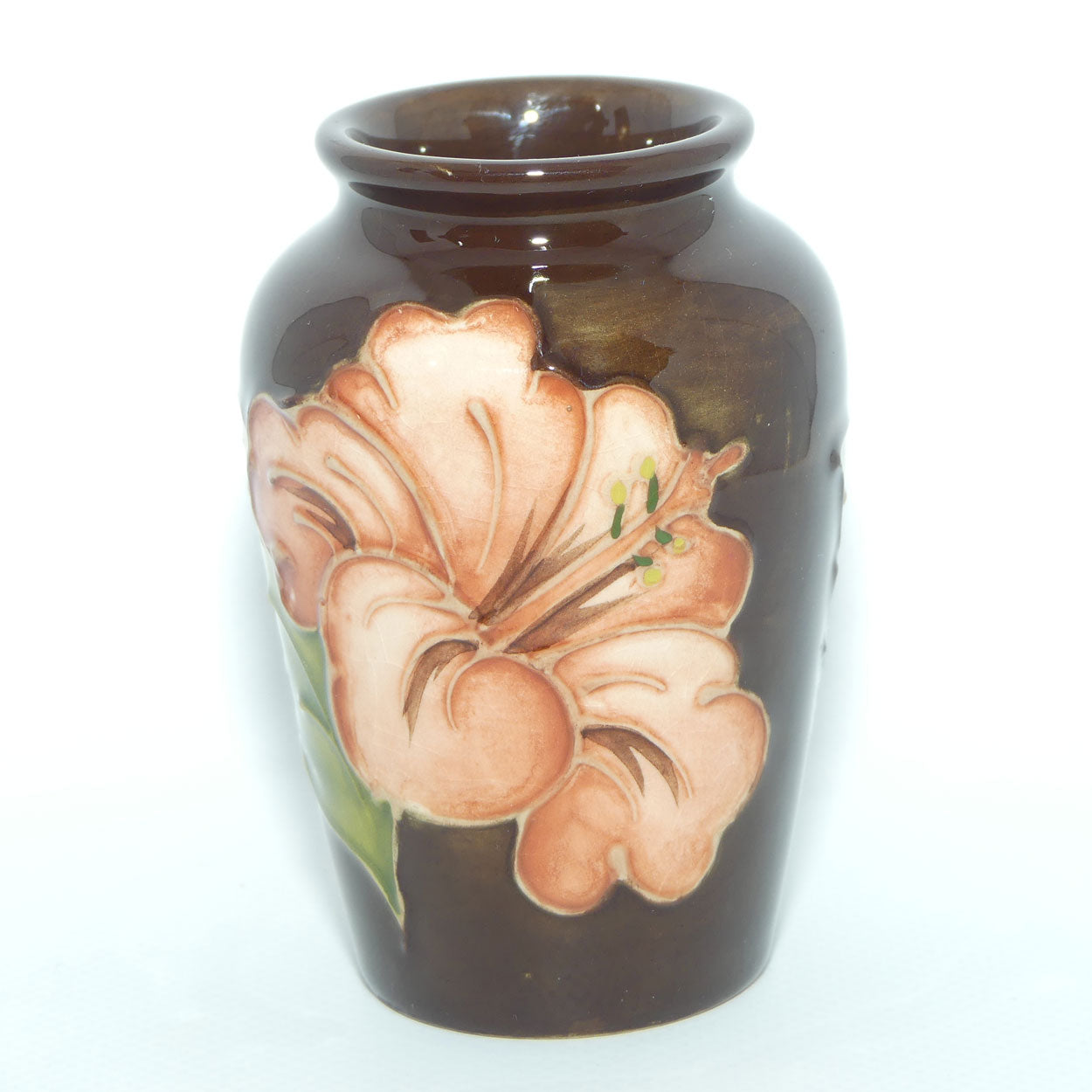 Walter Moorcroft Coral Hibiscus on Brown small vase