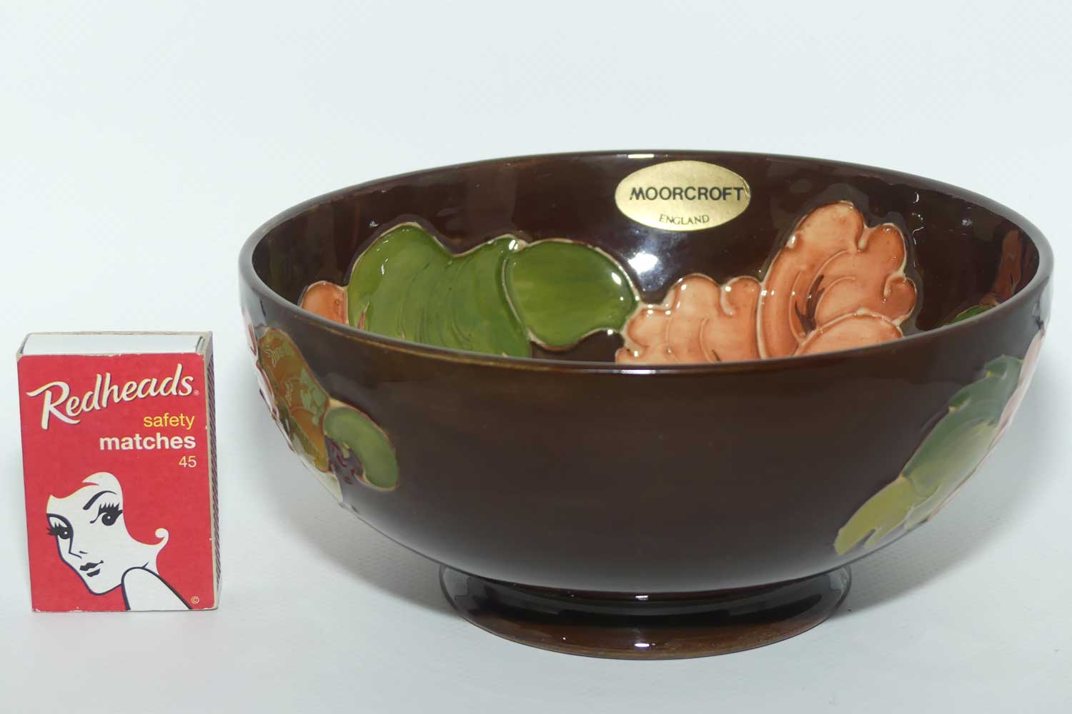 Walter Moorcroft Coral Hibiscus with Brown ground bowl | 16cm diam