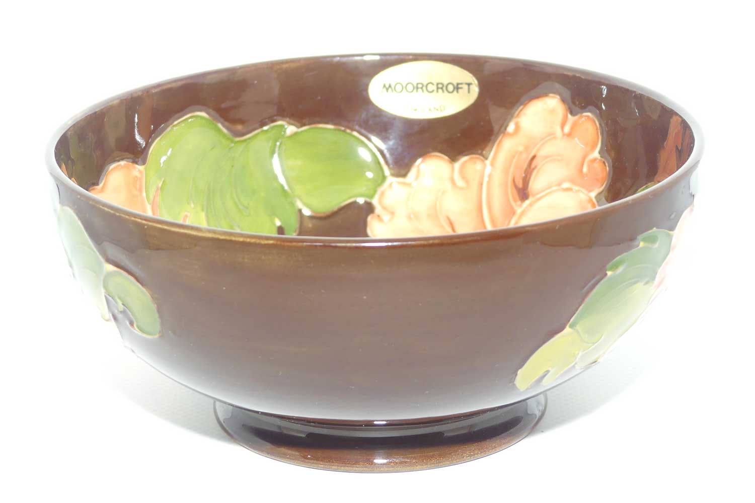 Walter Moorcroft Coral Hibiscus with Brown ground bowl | 16cm diam