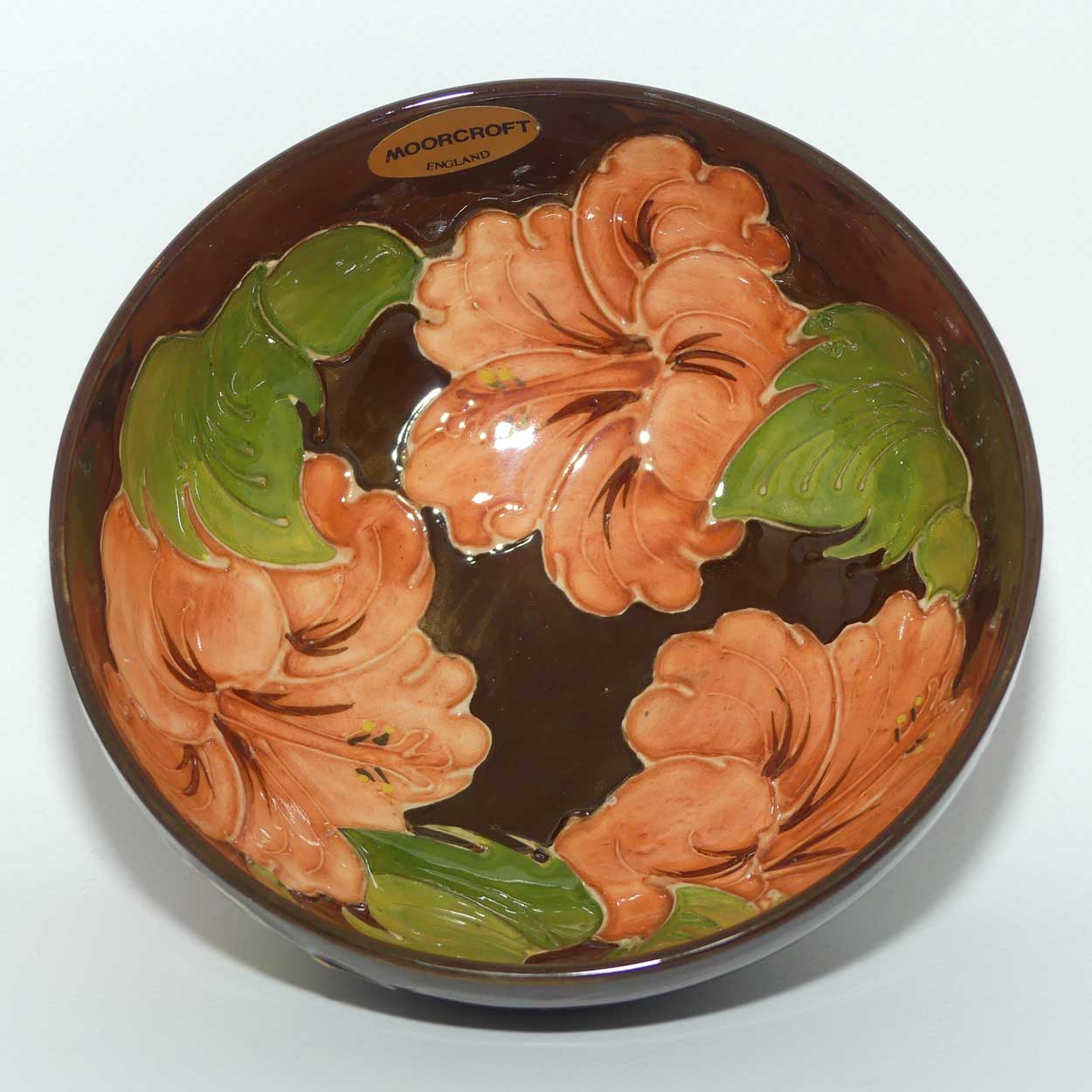 Walter Moorcroft Coral Hibiscus with Brown ground bowl | 16cm diam