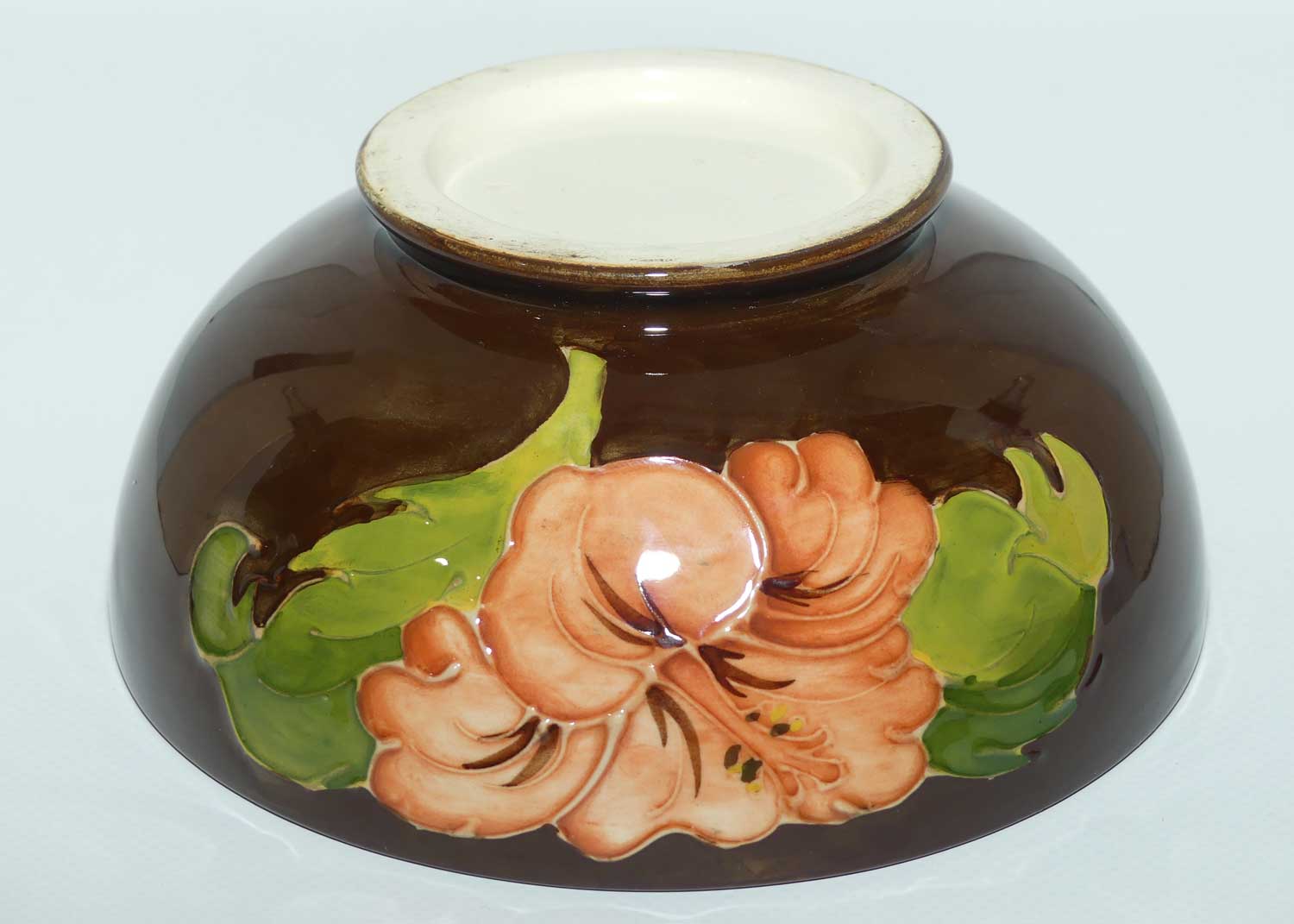 Walter Moorcroft Coral Hibiscus with Brown ground bowl | 16cm diam