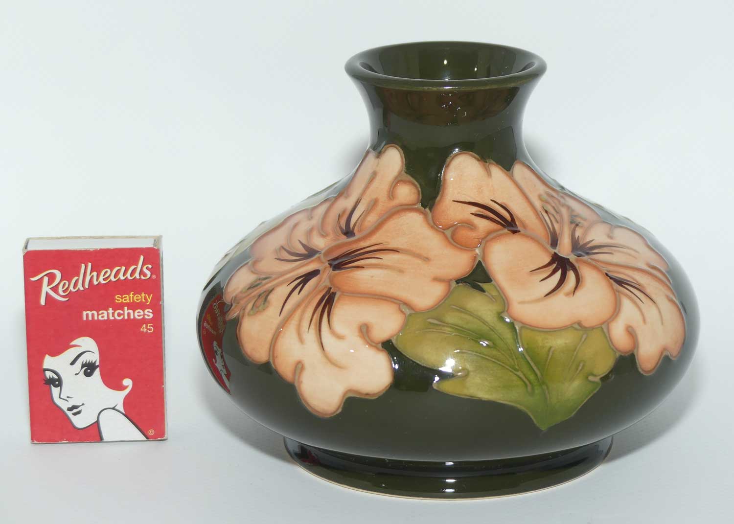Walter Moorcroft Coral Hibiscus with Green ground vase | Shape 32/5