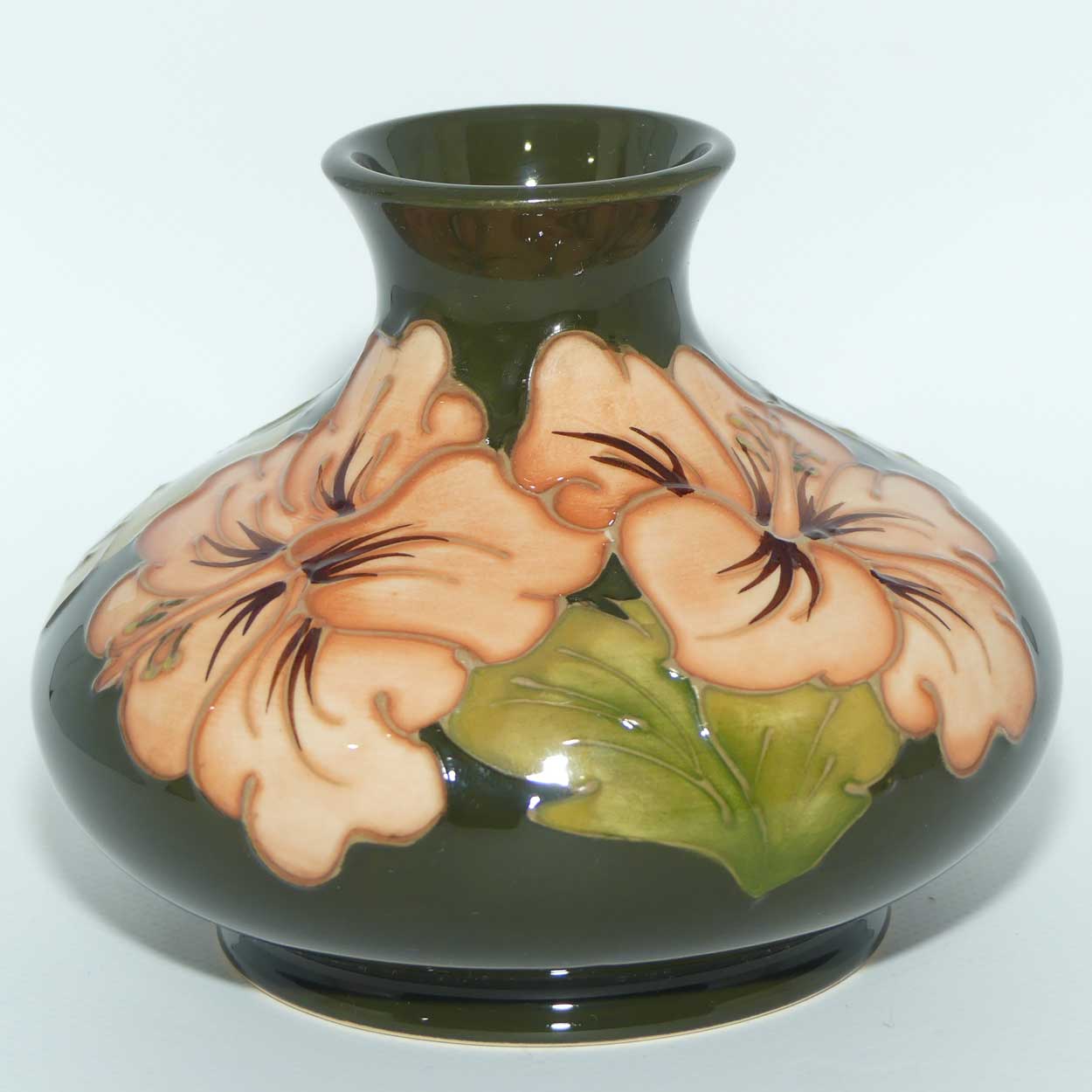 Walter Moorcroft Coral Hibiscus with Green ground vase | Shape 32/5