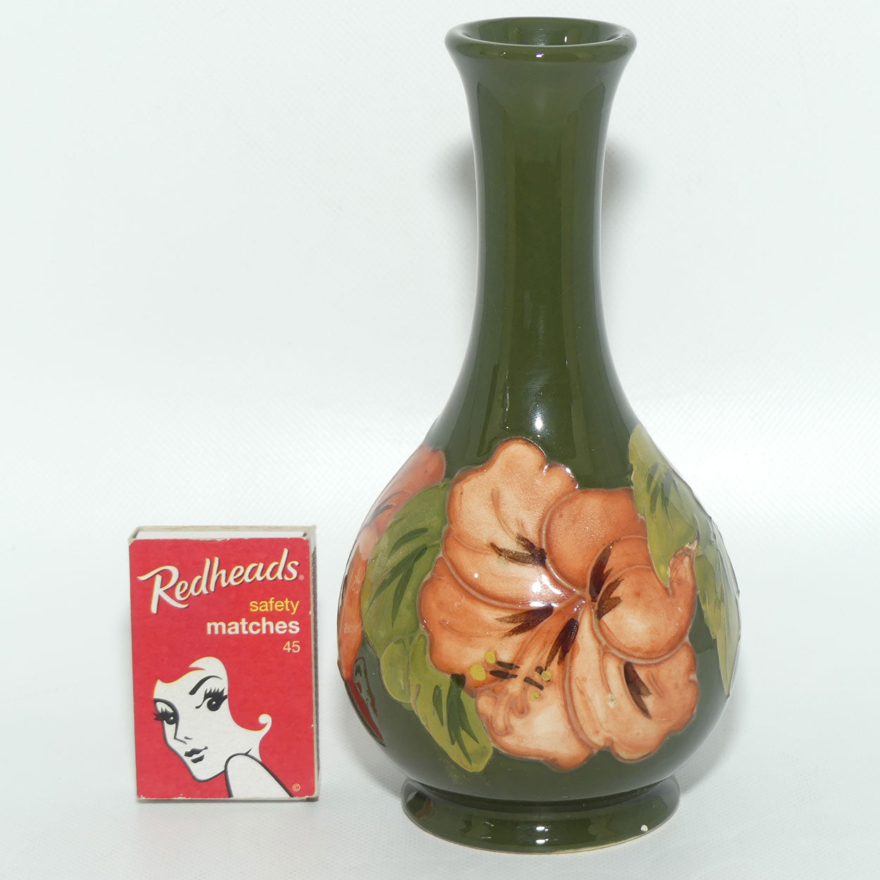 Walter Moorcroft Coral Hibiscus (Green) narrow neck vase | Shape 80