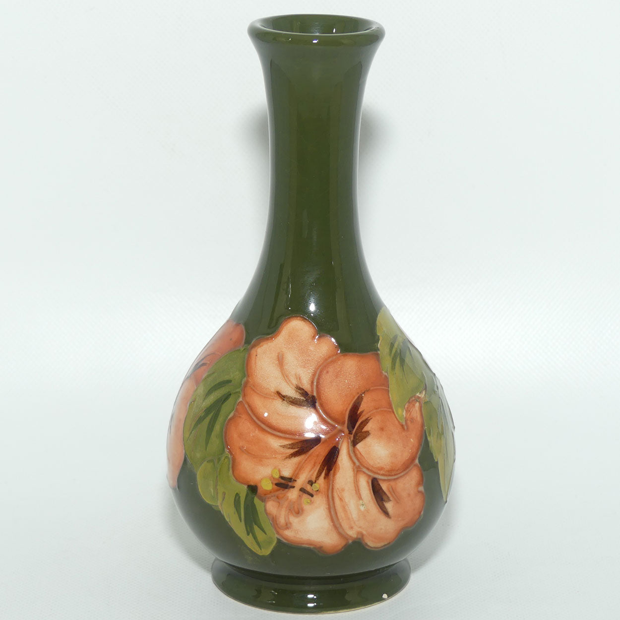 Walter Moorcroft Coral Hibiscus (Green) narrow neck vase | Shape 80