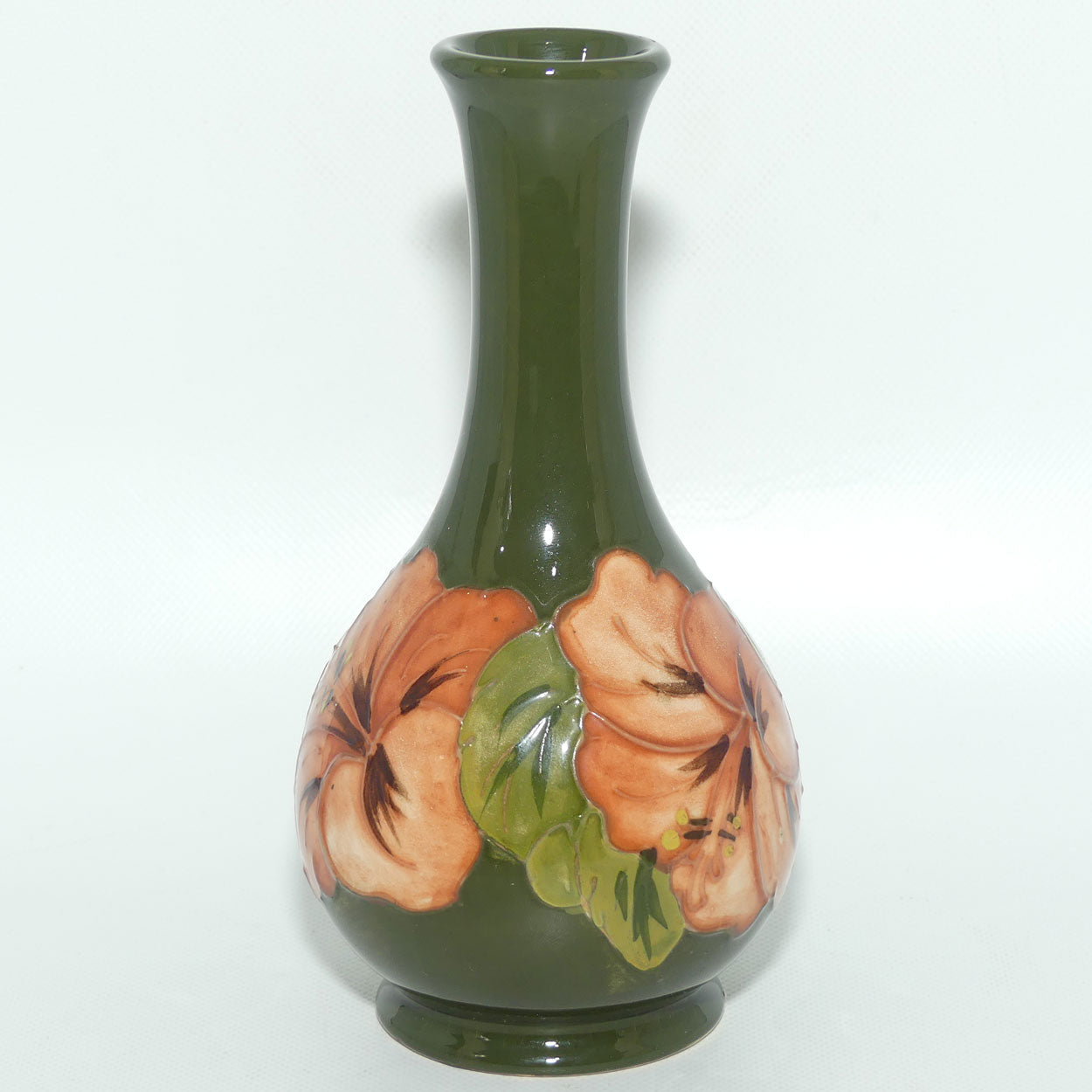 Walter Moorcroft Coral Hibiscus (Green) narrow neck vase | Shape 80