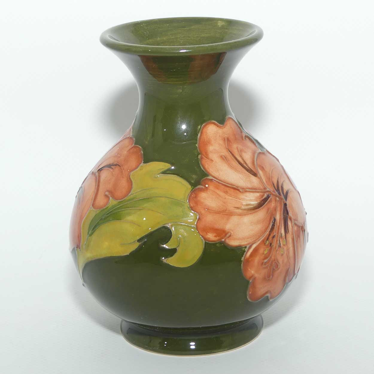 Walter Moorcroft Coral Hibiscus with Green ground vase | Waisted Shape | 13.5cms tall