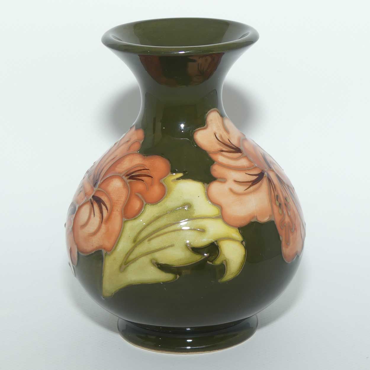 Walter Moorcroft Coral Hibiscus with Green ground vase | #2 | Waisted Shape | 13.5cms tall