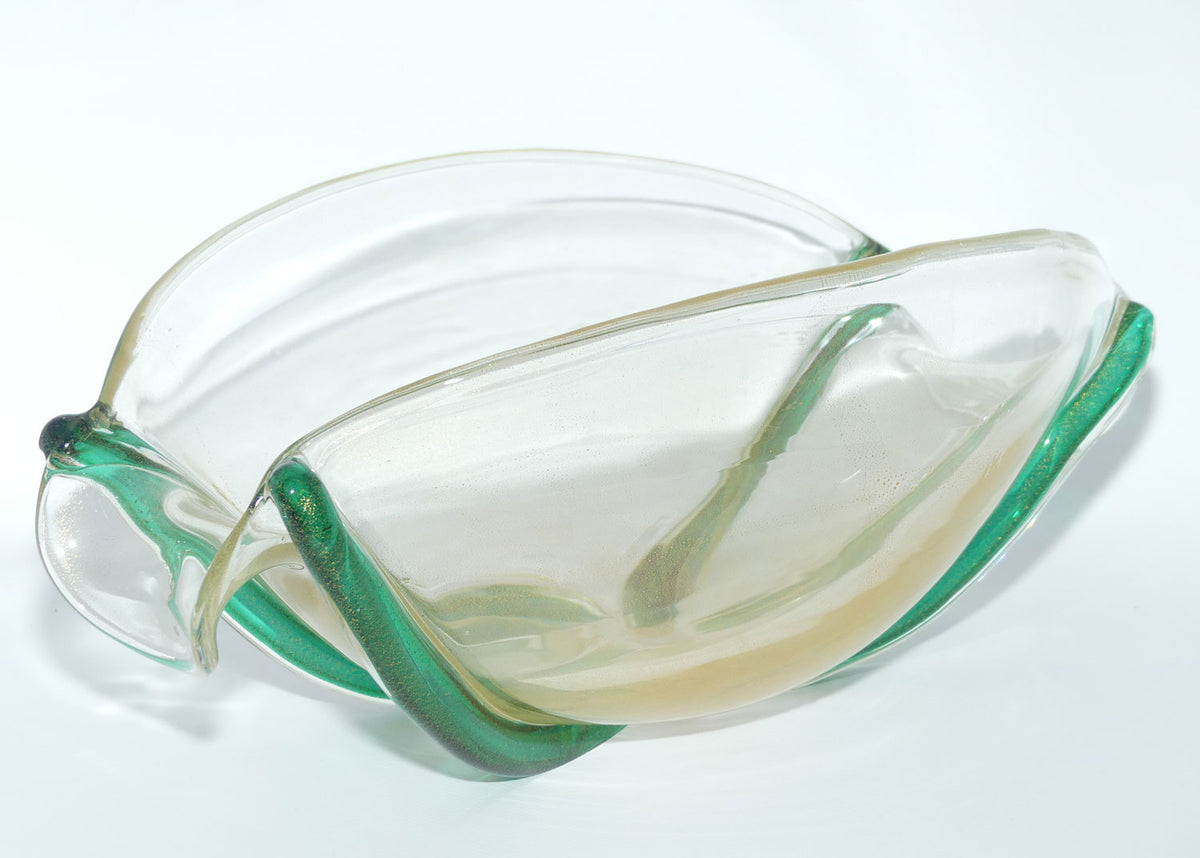 Murano Glass bowl with Aventurine Gold fleck and Applied Green cords | Oro Cordonati | by Archimede Seguso