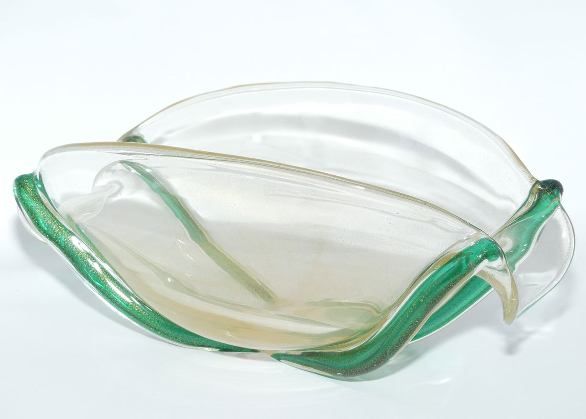Murano Glass bowl with Aventurine Gold fleck and Applied Green cords | Oro Cordonati | by Archimede Seguso