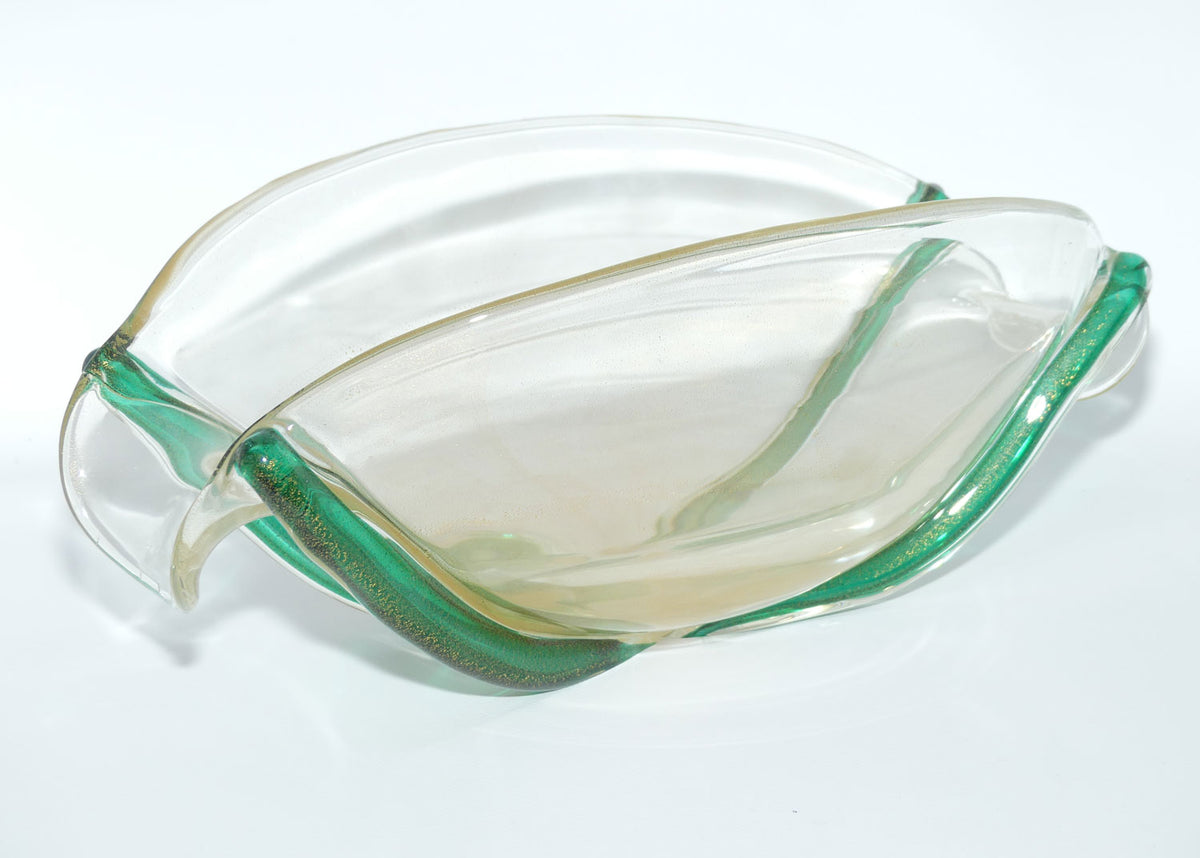 Murano Glass bowl with Aventurine Gold fleck and Applied Green cords | Oro Cordonati | by Archimede Seguso