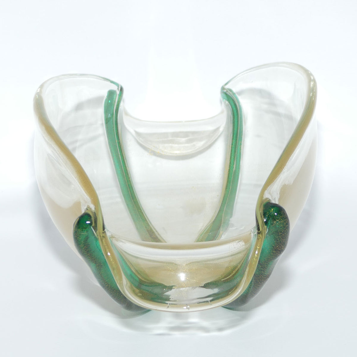 Murano Glass bowl with Aventurine Gold fleck and Applied Green cords | Oro Cordonati | by Archimede Seguso