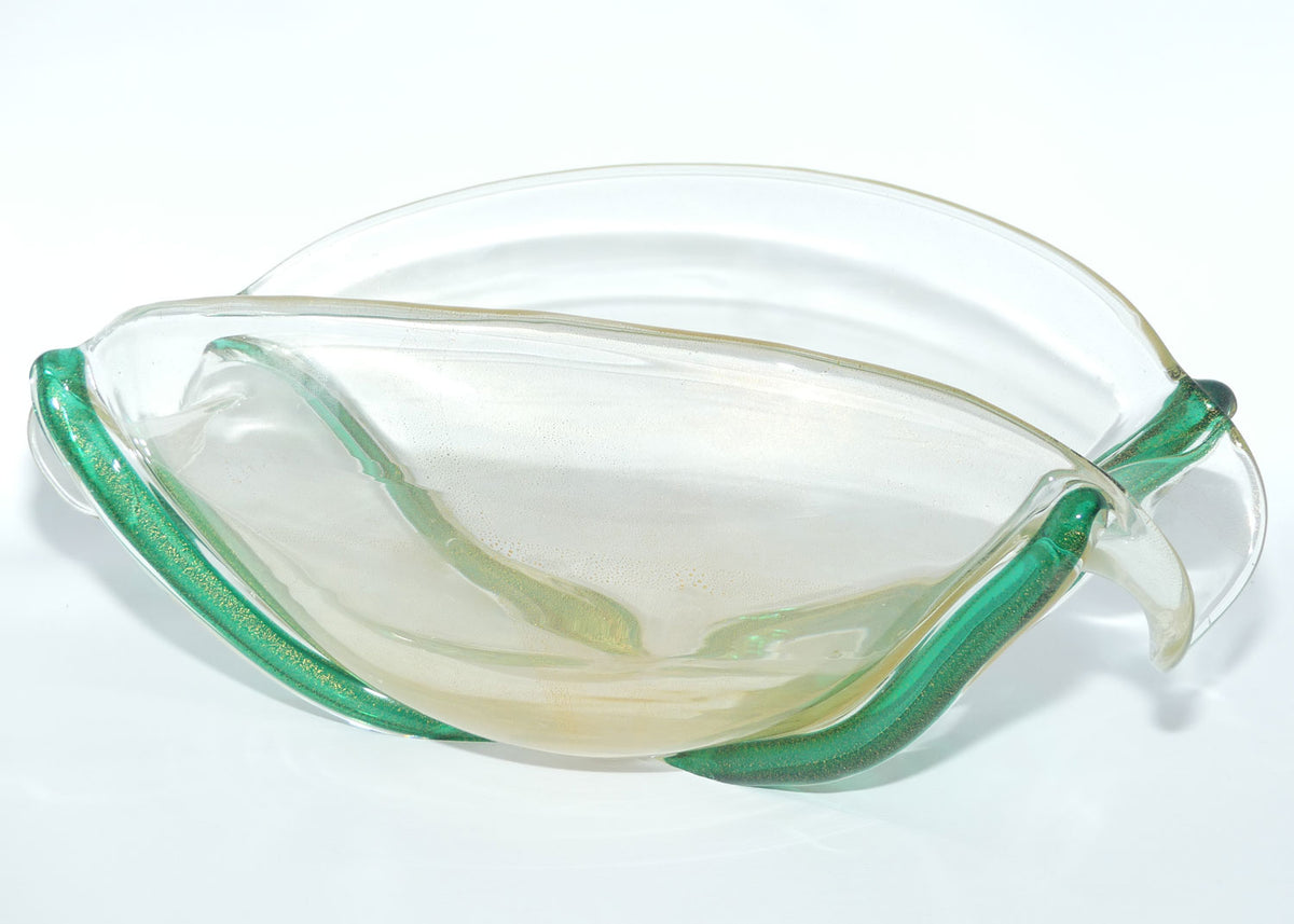 Murano Glass bowl with Aventurine Gold fleck and Applied Green cords | Oro Cordonati | by Archimede Seguso