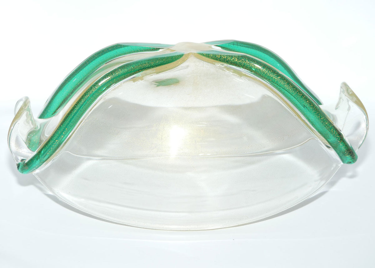 Murano Glass bowl with Aventurine Gold fleck and Applied Green cords | Oro Cordonati | by Archimede Seguso