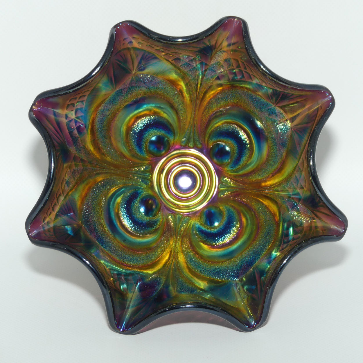 Imperial Carnival Glass comport | Scroll pattern | Amethyst colour
