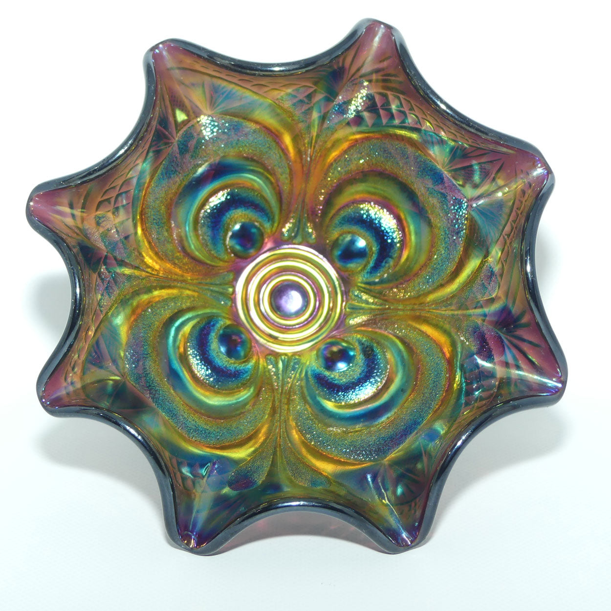 Imperial Carnival Glass comport | Scroll pattern | Amethyst colour