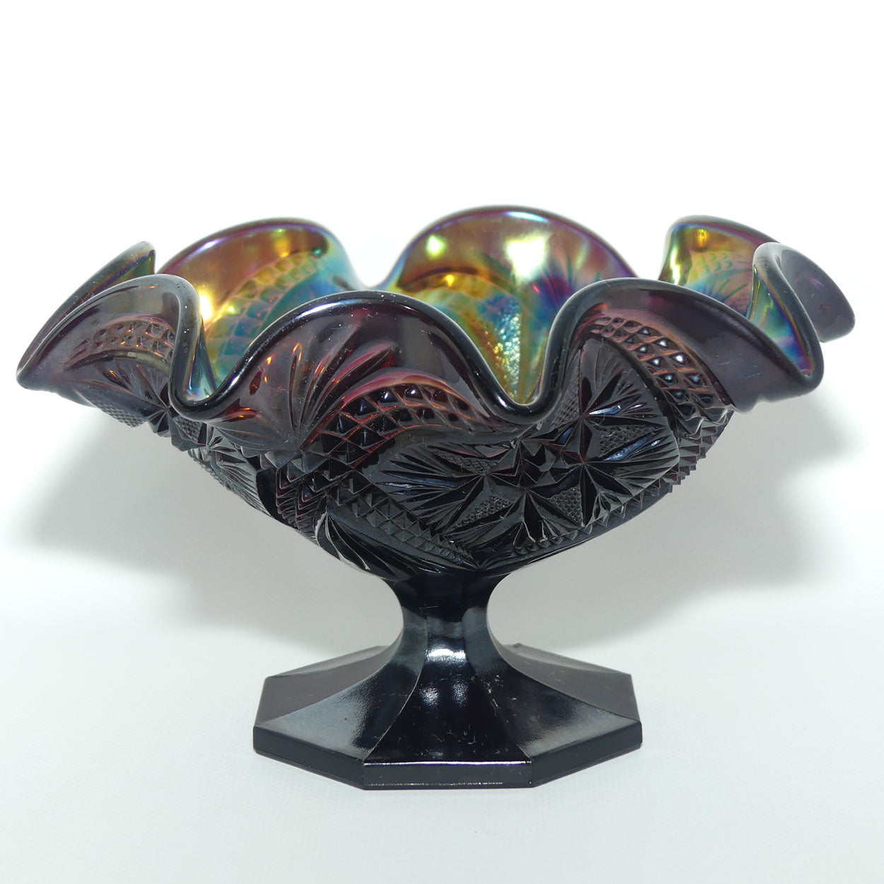 Imperial Carnival Glass comport | Scroll pattern | Amethyst colour