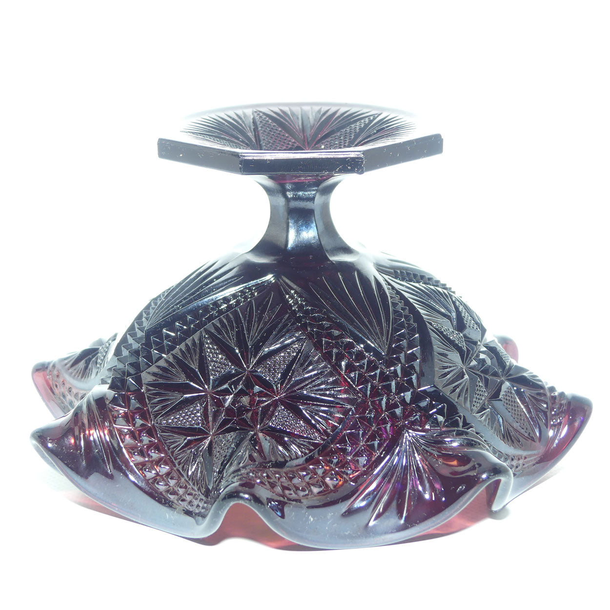 Imperial Carnival Glass comport | Scroll pattern | Amethyst colour