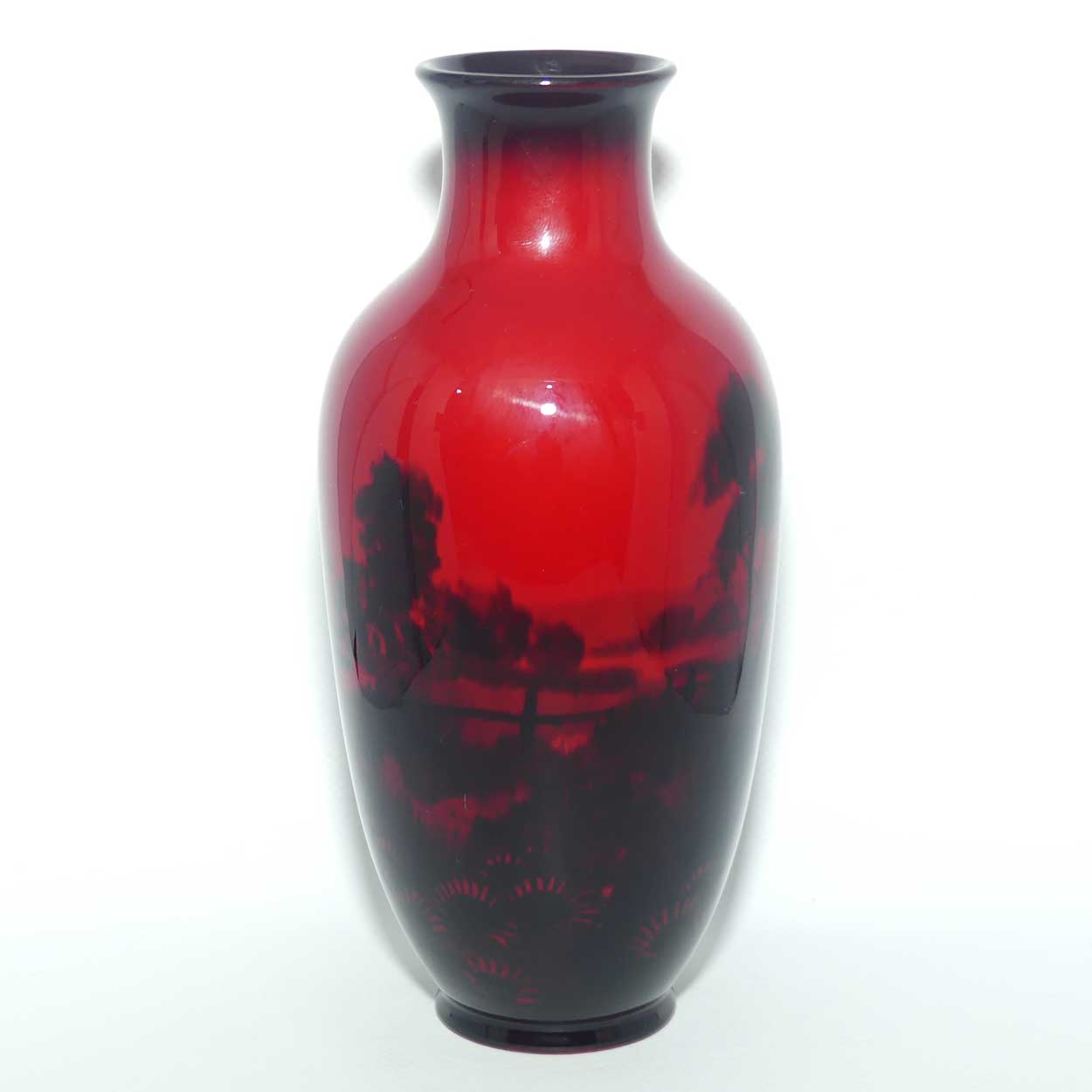 Royal Doulton Flambe Thatched Cottage and Flowers narrowed neck vase | signed FM Moore