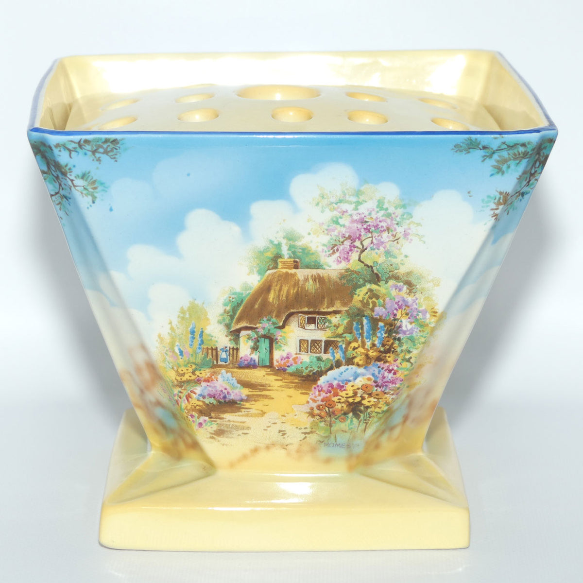Falcon Ware Thatched Cottage Scene square flower arranging vase | complete with insert