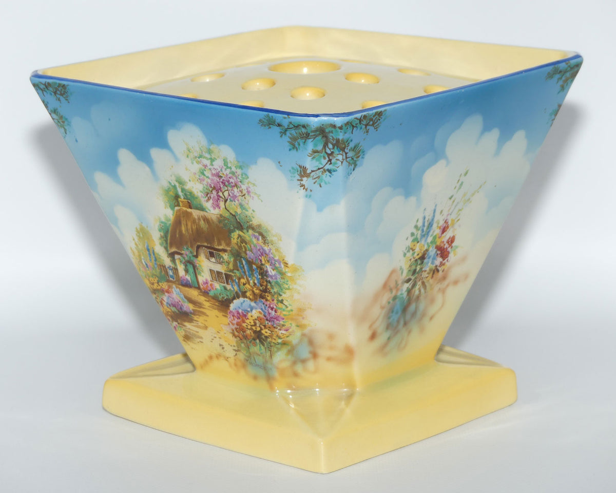 Falcon Ware Thatched Cottage Scene square flower arranging vase | complete with insert