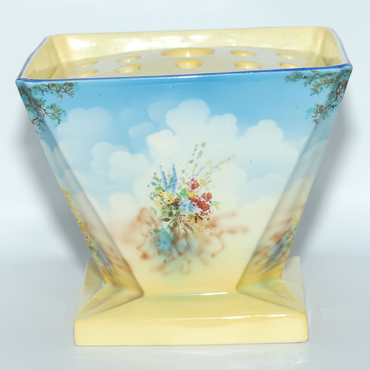 Falcon Ware Thatched Cottage Scene square flower arranging vase | complete with insert