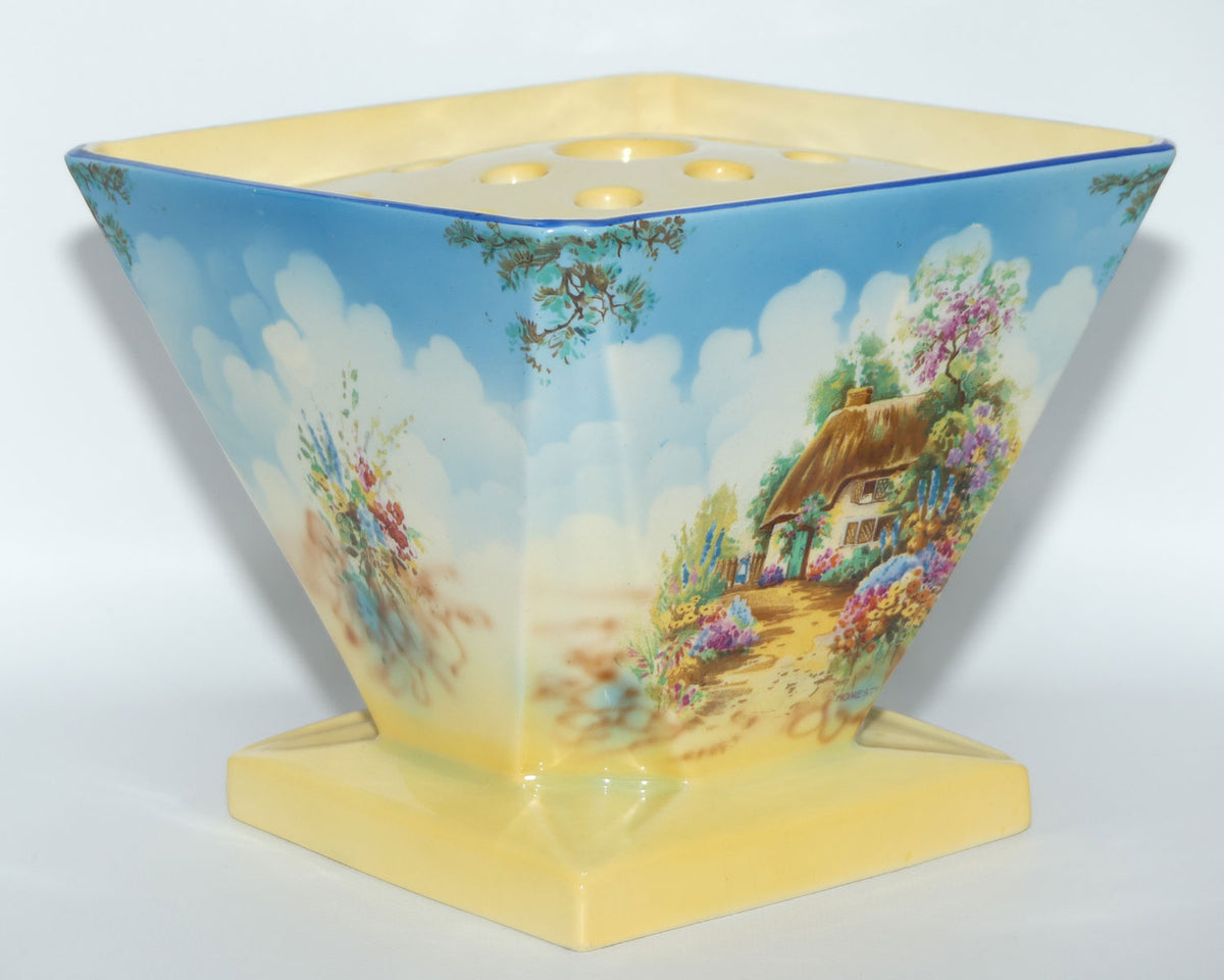 Falcon Ware Thatched Cottage Scene square flower arranging vase | complete with insert