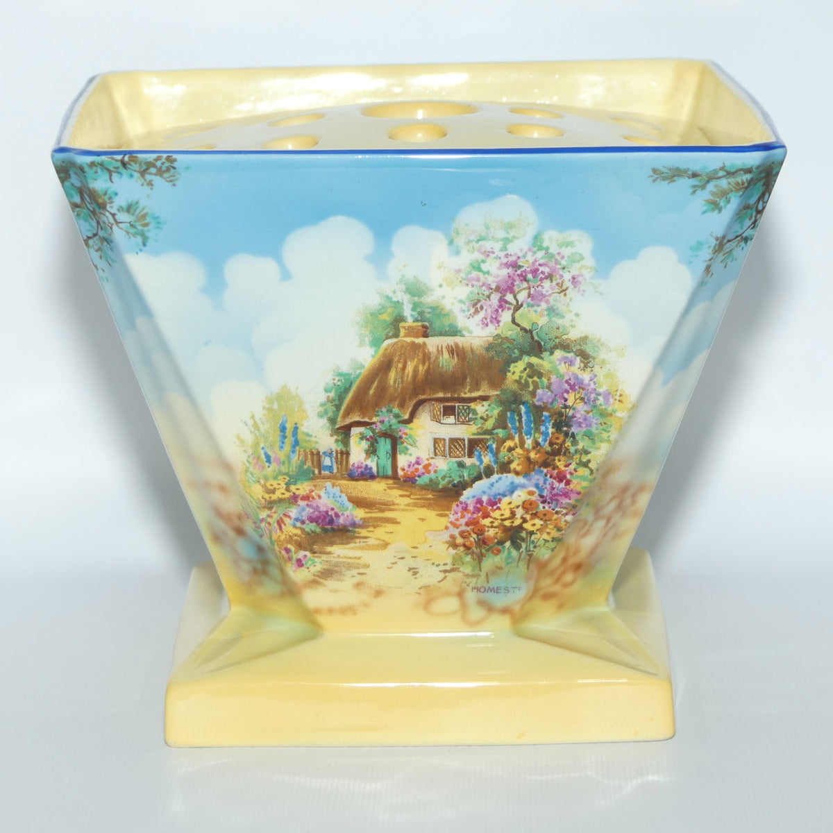 Falcon Ware Thatched Cottage Scene square flower arranging vase | complete with insert