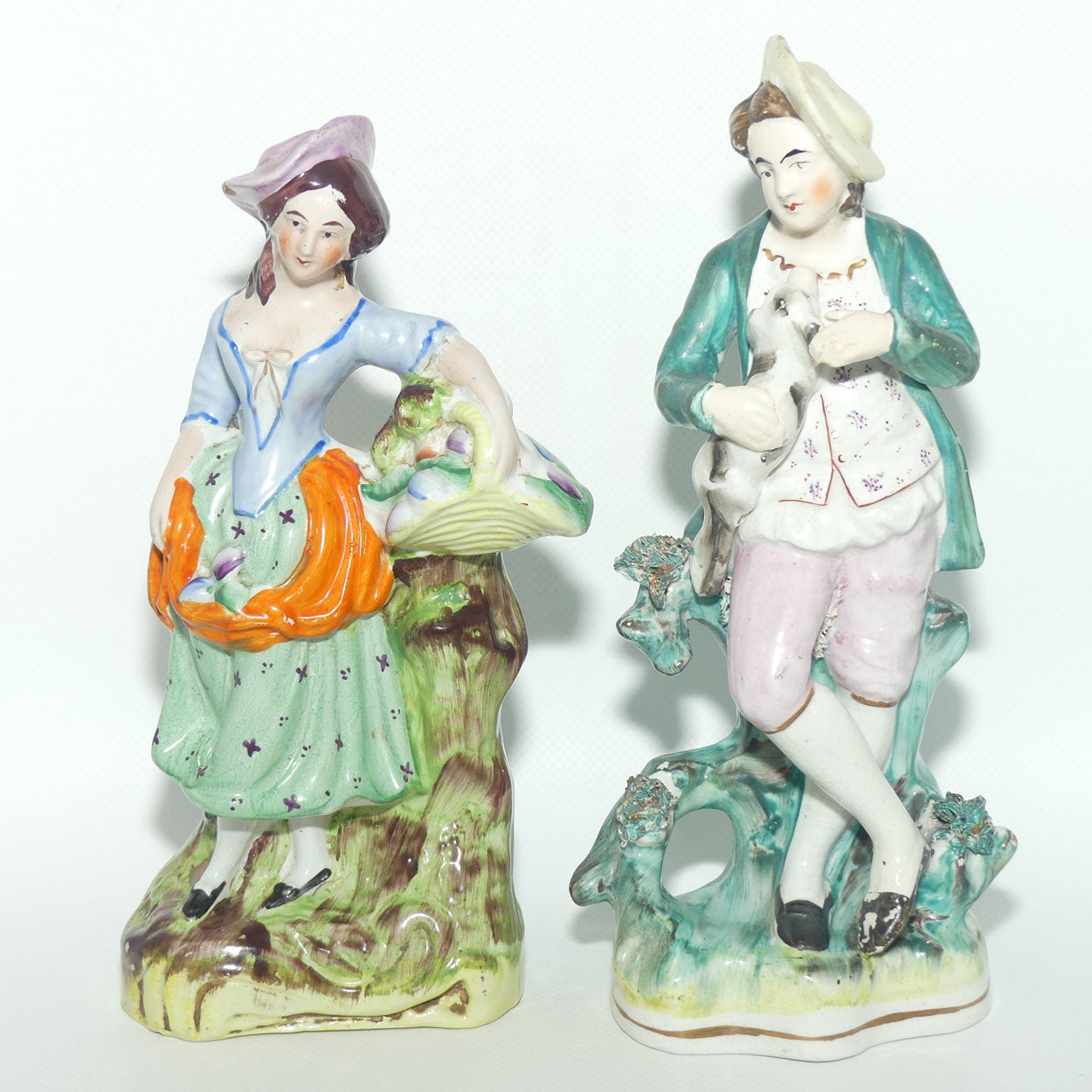 Antique Staffordshire Pottery Pair of Flatback Figures | Man with Dog | Lady with Basket