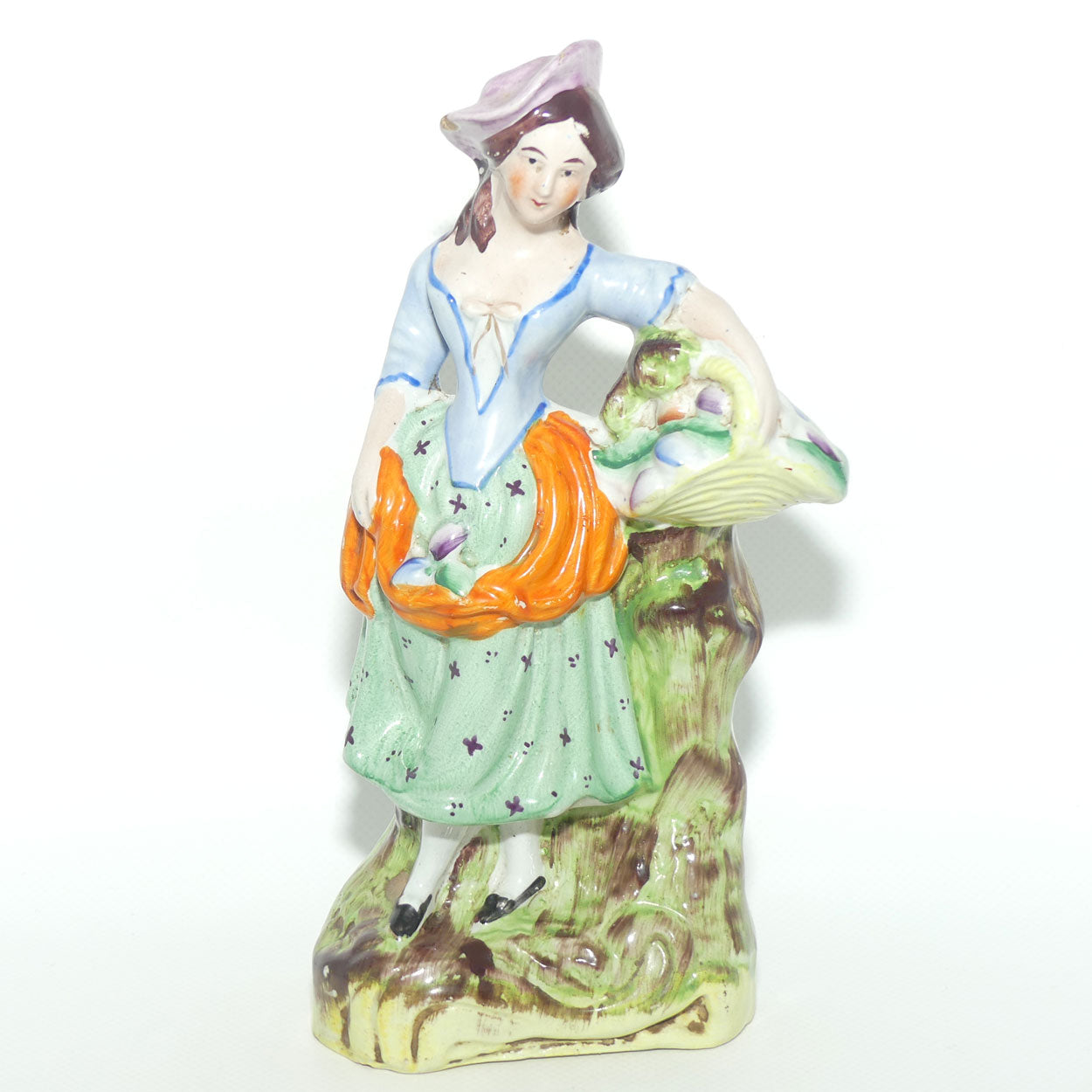 Antique Staffordshire Pottery Pair of Flatback Figures | Man with Dog | Lady with Basket