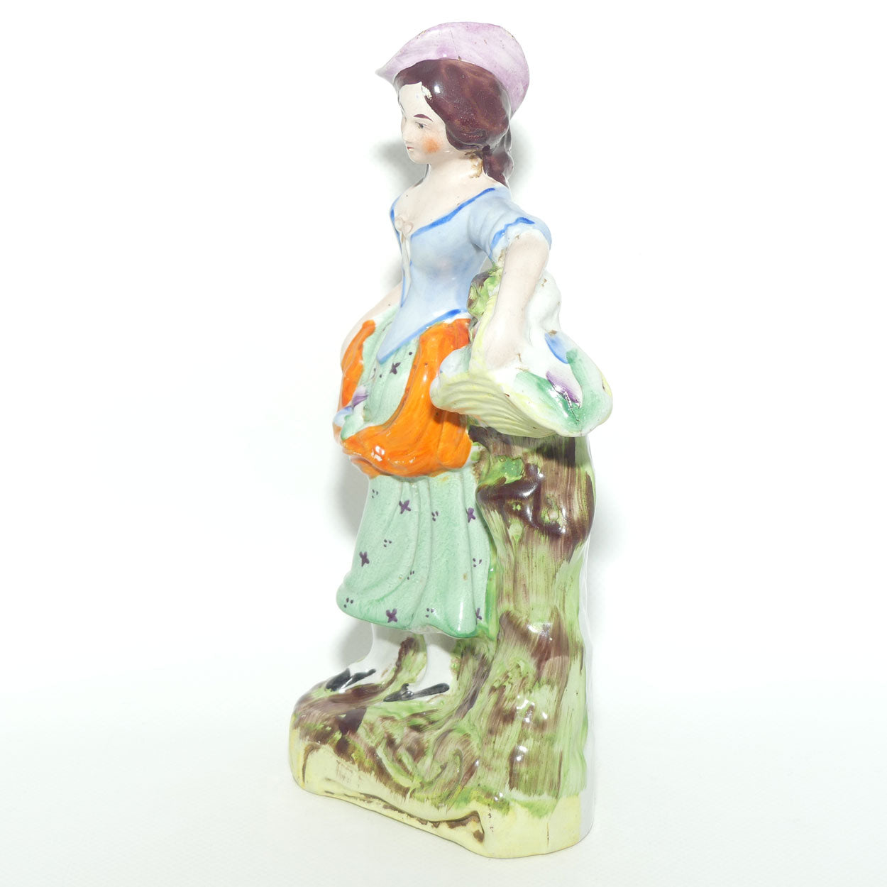 Antique Staffordshire Pottery Pair of Flatback Figures | Man with Dog | Lady with Basket