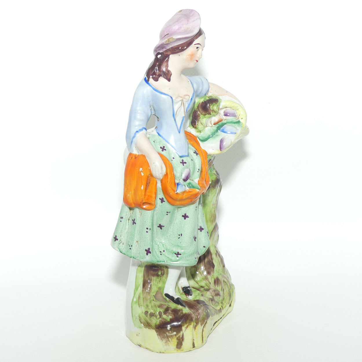 Antique Staffordshire Pottery Pair of Flatback Figures | Man with Dog | Lady with Basket