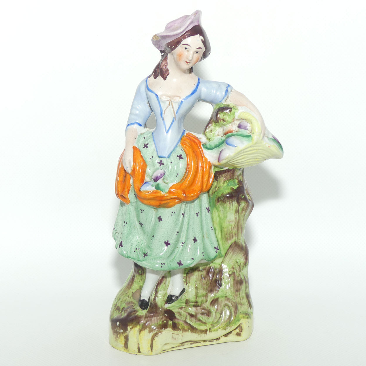 Antique Staffordshire Pottery Pair of Flatback Figures | Man with Dog | Lady with Basket