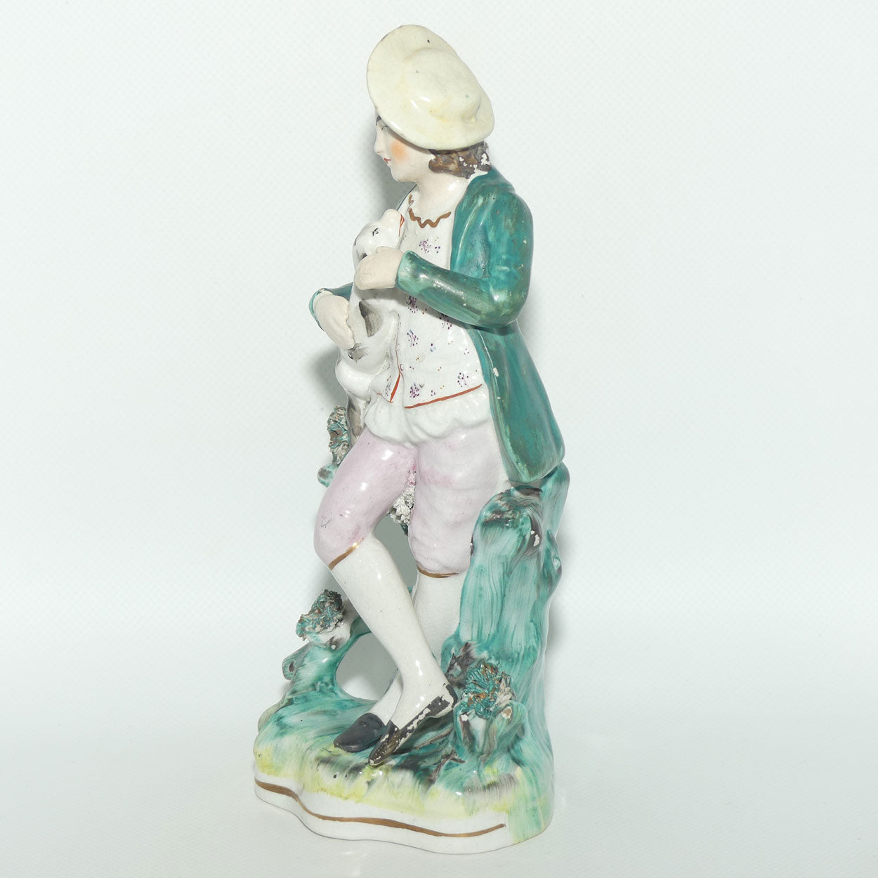 Antique Staffordshire Pottery Pair of Flatback Figures | Man with Dog | Lady with Basket
