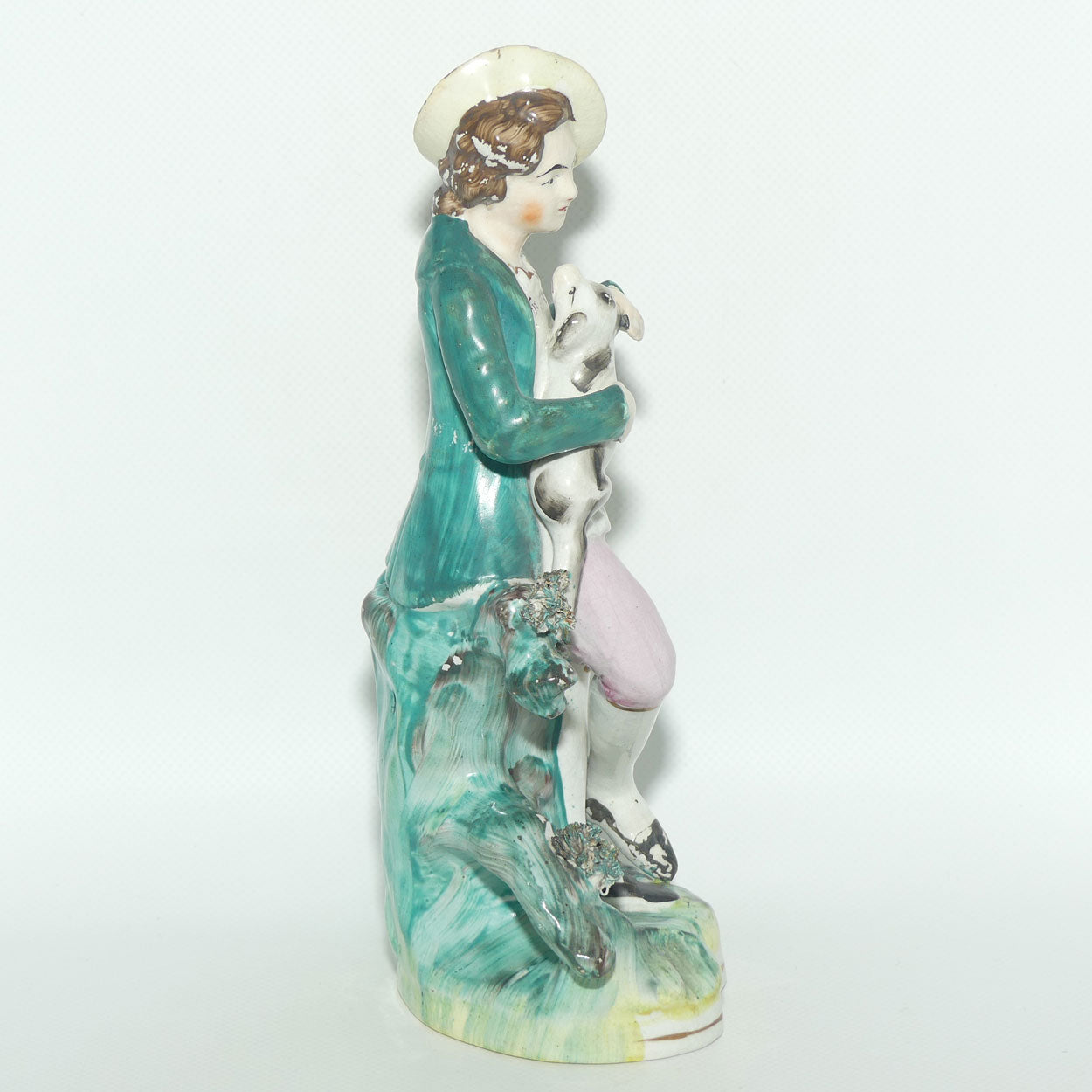 Antique Staffordshire Pottery Pair of Flatback Figures | Man with Dog | Lady with Basket