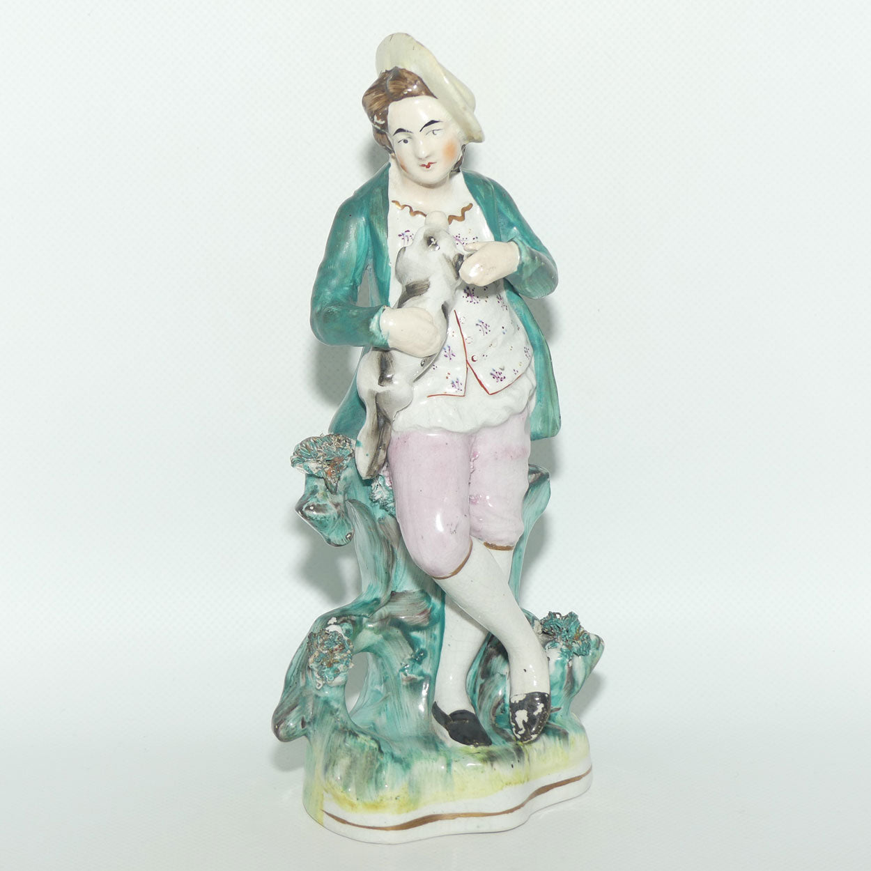 Antique Staffordshire Pottery Pair of Flatback Figures | Man with Dog | Lady with Basket